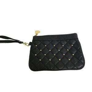 Betsey Johnson Black Quilted Faux Leather Wristlet Clutch Gold Heart Studs Hardw
